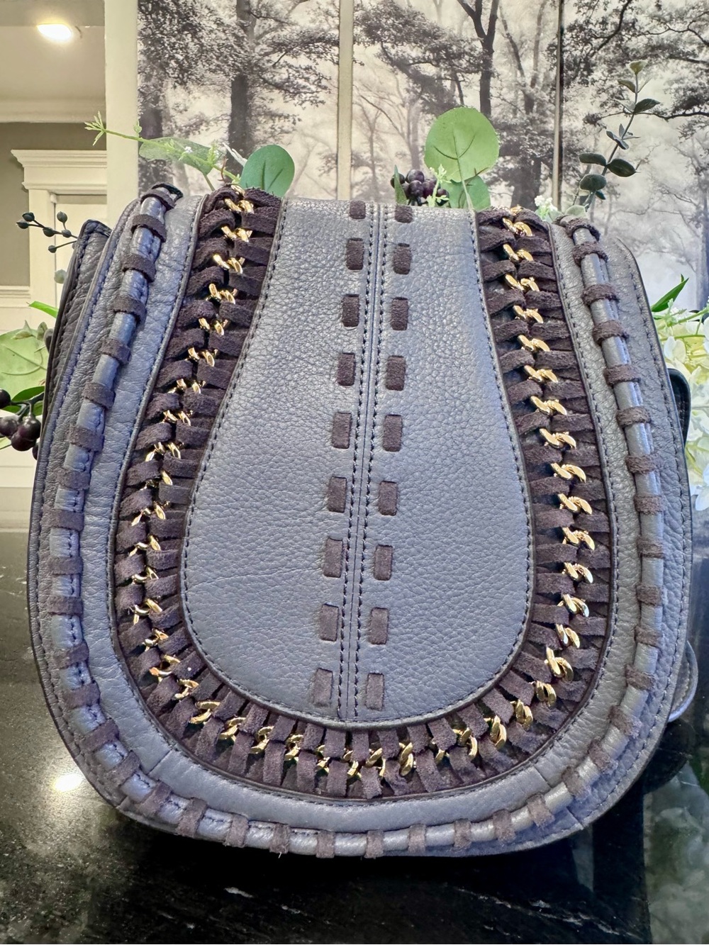🩶Aimee Kestenberg Gray Leather Whipstitch Saddle Crossbody Bag Gold Chain Accent